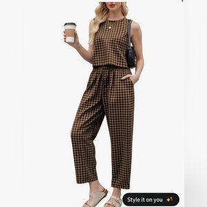 BNWT Brown Gingham Comfy Pants & Top Matching Set-Cotton/Linen Set